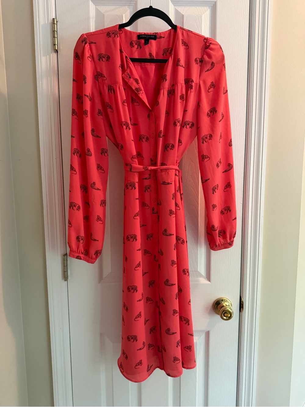 Banana Republic Coral Long Sleeve Dress with Black Print